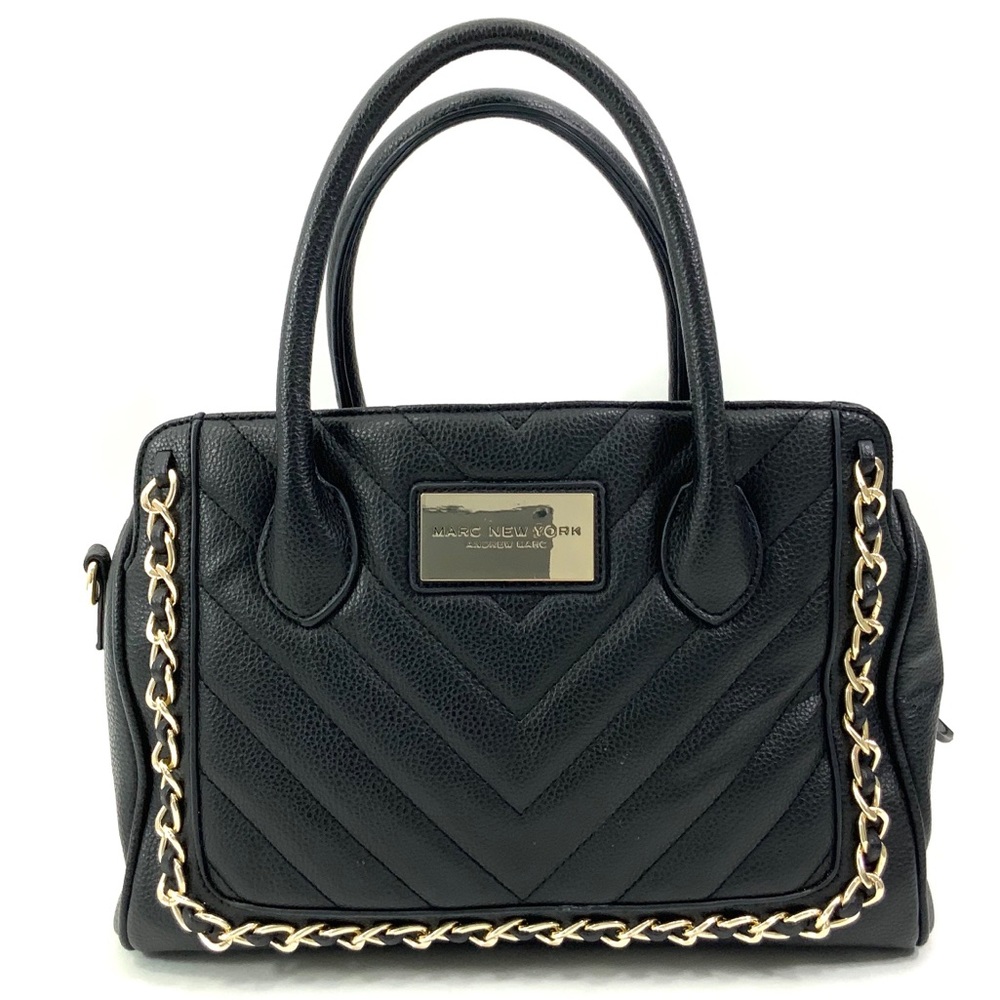 ANDREW MARC Black Satchel Handbag Shoulder Bag Purse Black Gold Hardware